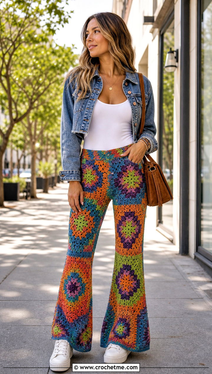 Flared Granny Square Crochet Pants With Denim Jacket - 25 Granny Square Crochet Pants outfit ideas