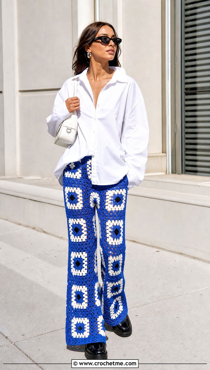 Flared Granny Square Trousers With White Button Down Shirt - 35 granny square trousers outfit ideas