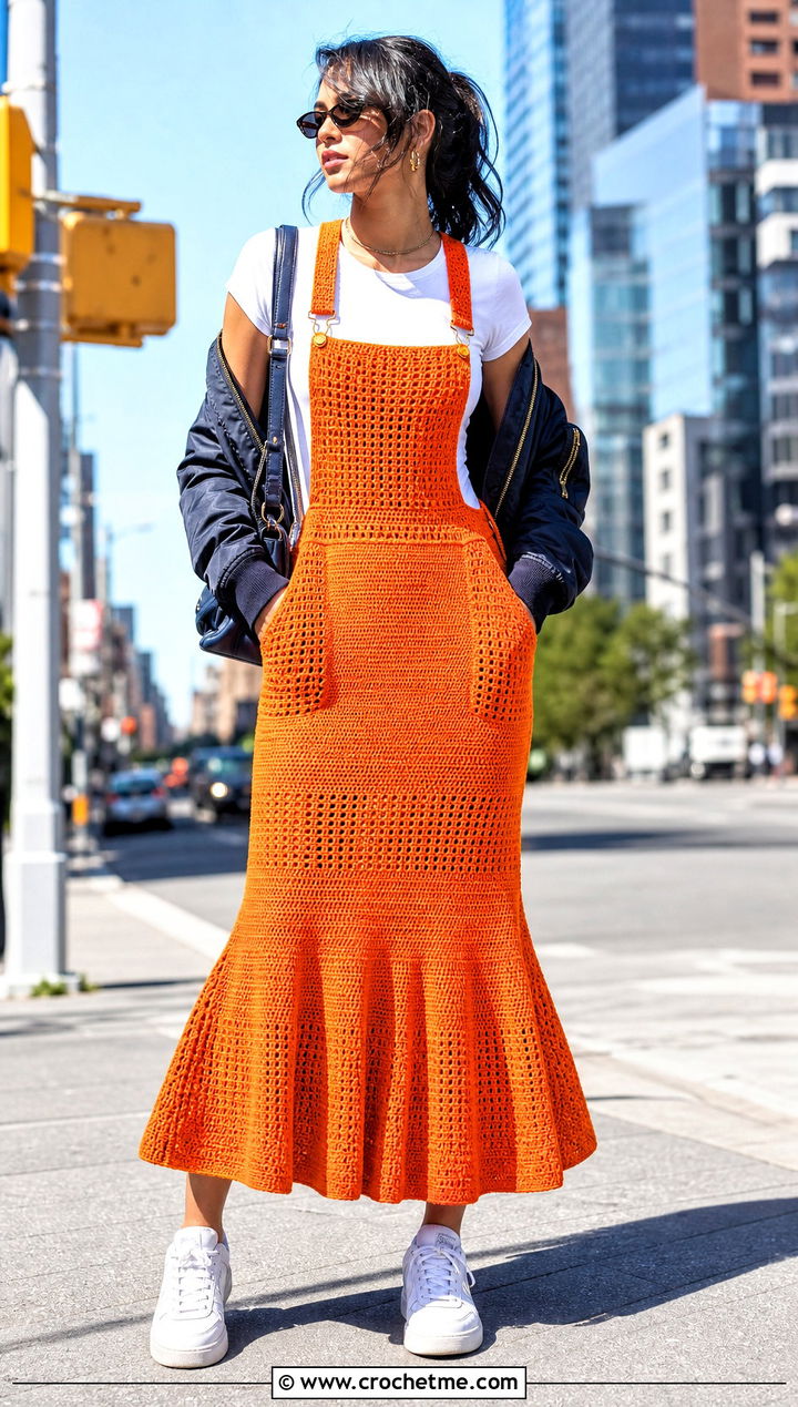Flared Hem Crochet Overall Dress With Bomber Jacket - 35 Crochet Overall Dress outfit ideas