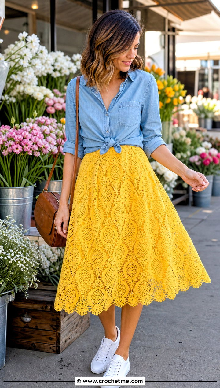 Flared Pineapple Skirt With Chambray Shirt - 25 crochet pineapple skirt outfit ideas