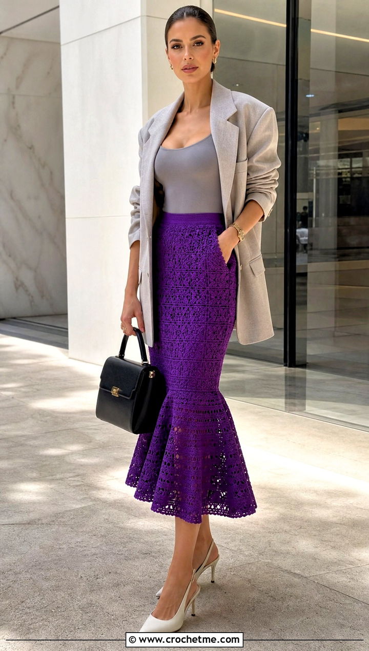 Flared Ruffle Crochet Midi Skirt With Oversized Blazer - 35 crochet skirt with ruffles outfit ideas