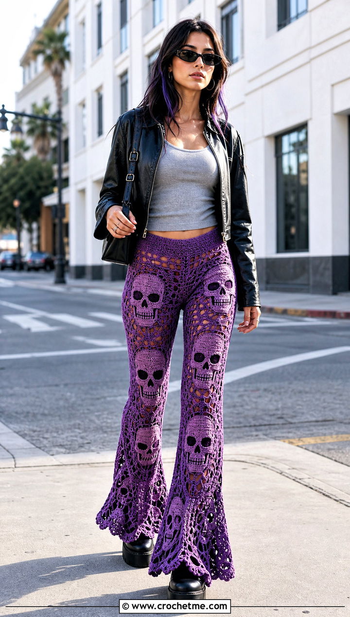 Flared Skull Crochet Pants With Leather Jacket - 15 Skull Crochet Pants outfit ideas
