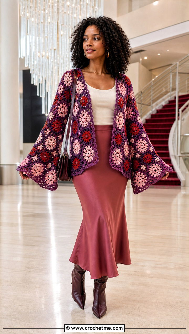 Flared Sleeve African Flower Crochet Cardigan With Bias Cut Skirt - 30 african flower crochet cardigan outfit ideas