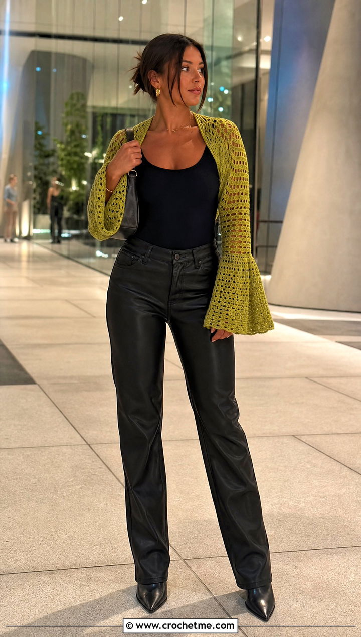 Flared Sleeve Crochet Arm Shrug With Leather Pants - 25 Crochet Arm Shrug outfit ideas