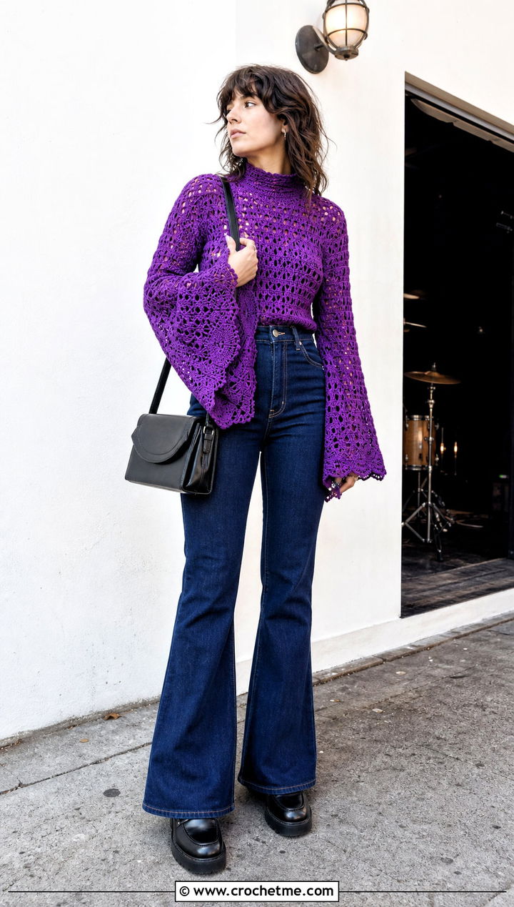 Flared Sleeve Crochet Mock Neck Sweater With Flare Jeans - 25 Crochet Mock Neck Sweater outfit ideas