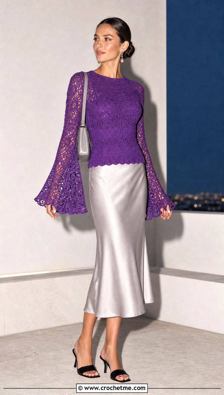 Flared Sleeve Crochet Top With Satin Midi Skirt - 35 crochet top sleeves outfit ideas