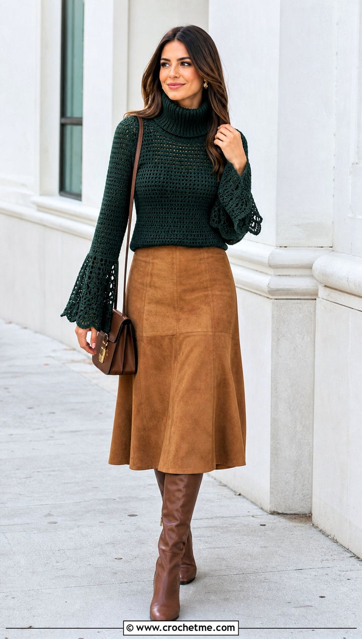 Flared Sleeve Crochet Turtleneck Top With Suede Midi Skirt - 35 crochet tops with sleeves outfit ideas