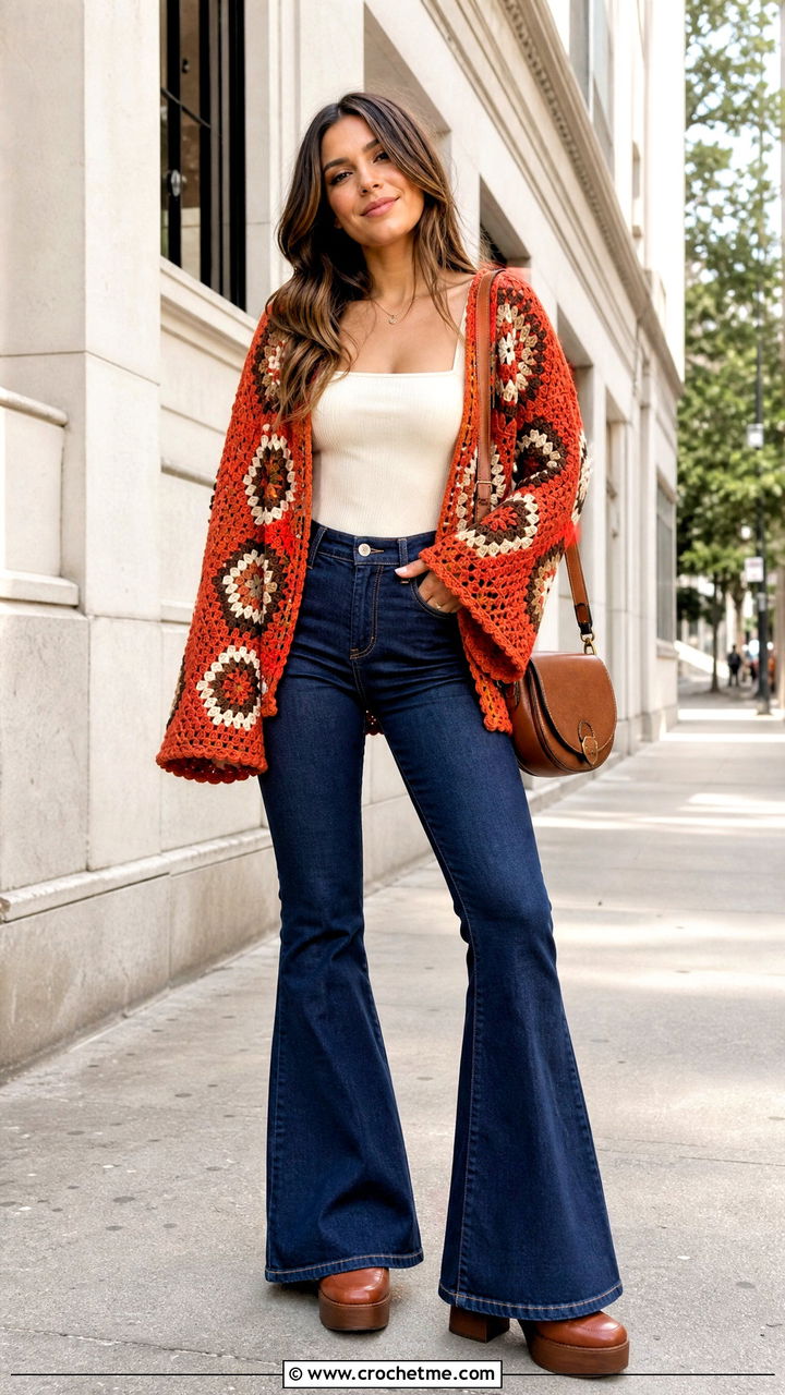 Flared Sleeve Hexagon Granny Square Cardigan With Flared Jeans - 35 hexagon granny square cardigan outfit ideas