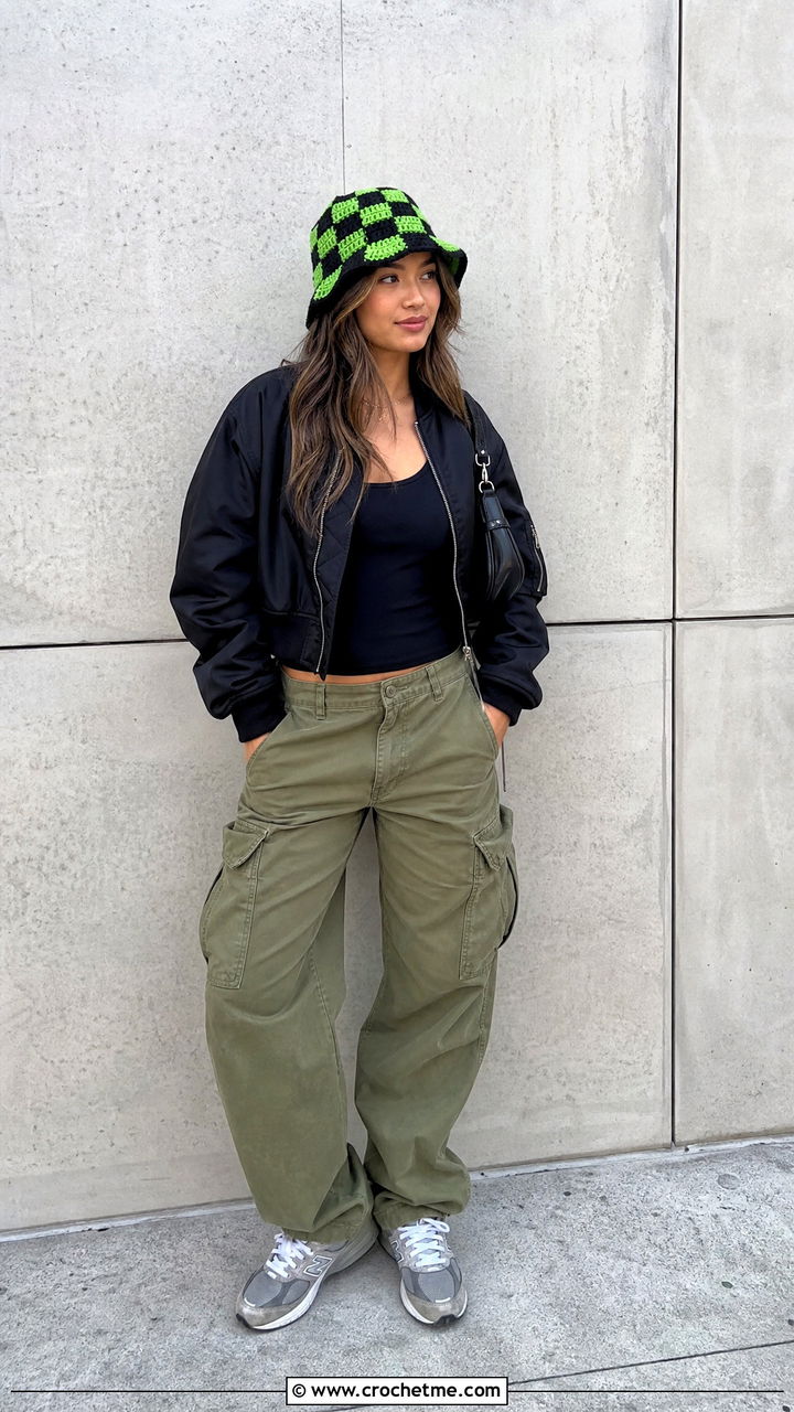 Flat Brim Checkered Crochet Bucket Hat With Cargo Pants - 35 crochet checkered bucket hat outfit ideas