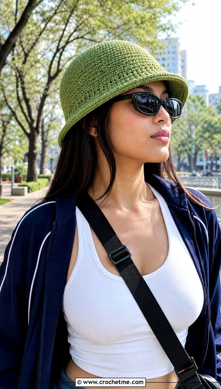 Flat Brim Crochet Adult Bucket Hat With Track Jacket And Leggings - 25 crochet adult bucket hat outfit ideas