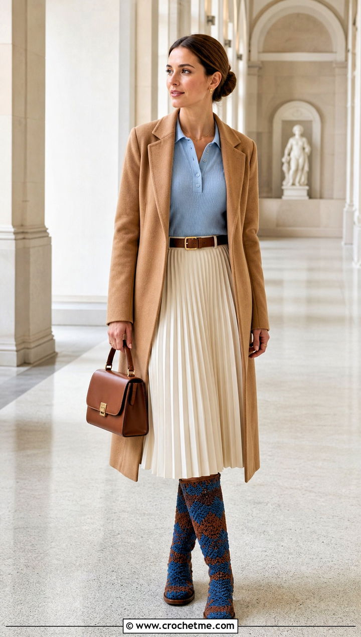 Flat Calf High Crochet Boots With Pleated Midi Skirt - 15 Blue And Brown Crochet Boots outfit ideas