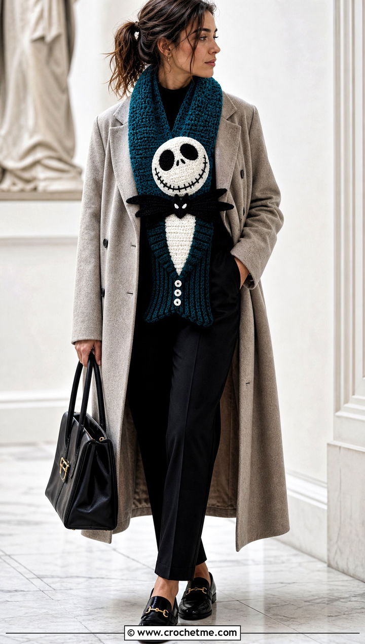 Flat Character Jack Skellington Crochet Scarf With Trench Coat - 20 Crochet Jack Skellington Scarf outfit ideas