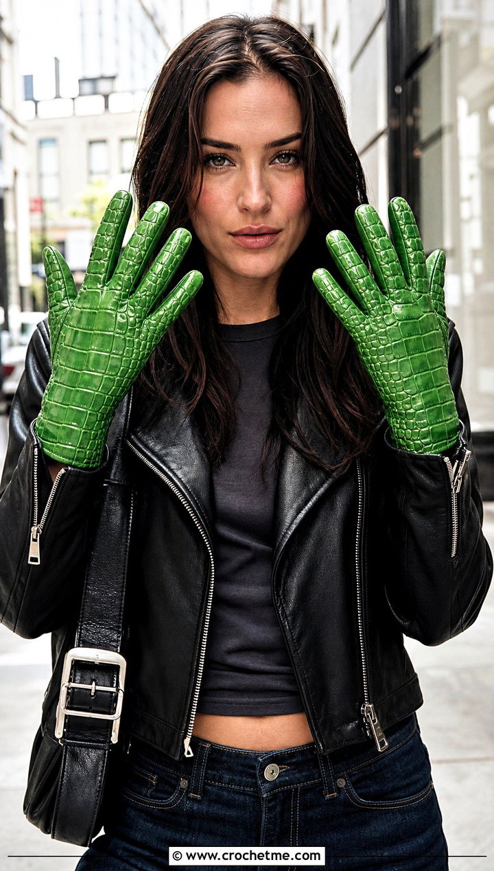 Flat Palm Dragonscale Gloves With Leather Jacket - 15 Dragonscale Crochet Gloves outfit ideas