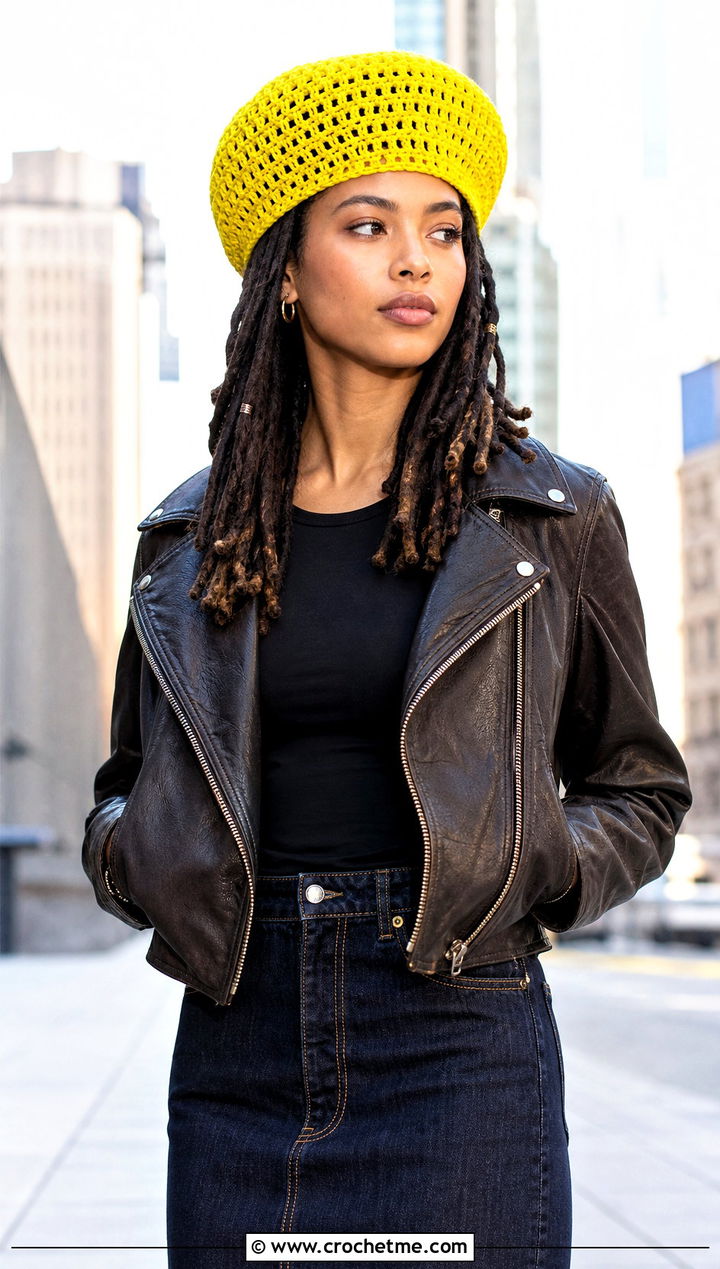 Flat Top Crochet Dreadlock Tam With Moto Jacket And Denim Midi Skirt - 25 Crochet Dreadlock Hat outfit ideas