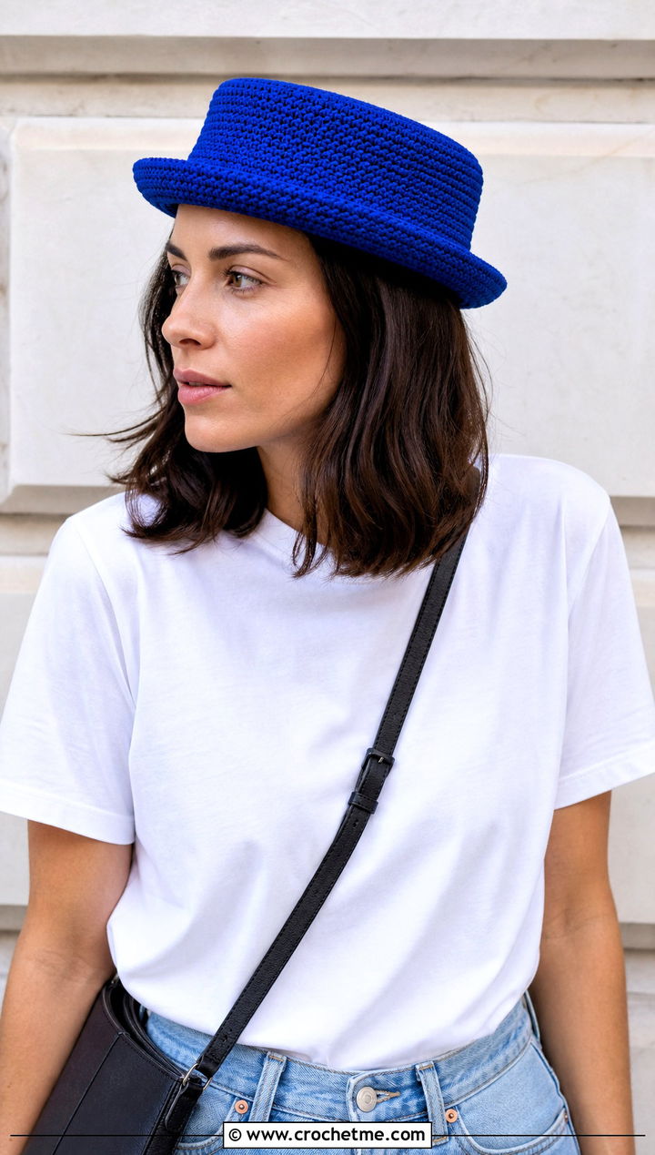 Flat Top Crochet Pork Pie Hat With White Tee And Jeans - 25 crochet pork pie hat outfit ideas