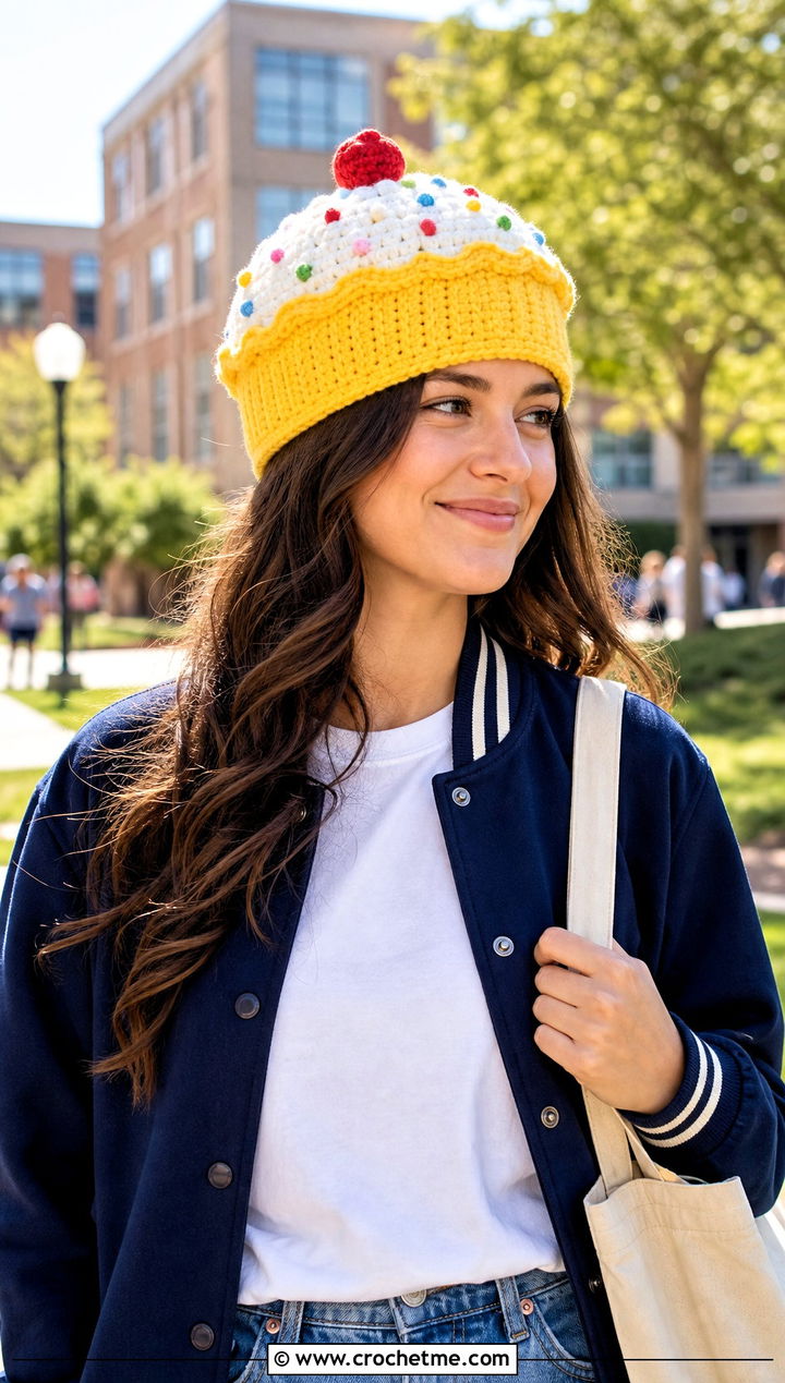 Flat Top Cupcake Crochet Hat With Varsity Jacket - 25 cupcake crochet hat outfit ideas