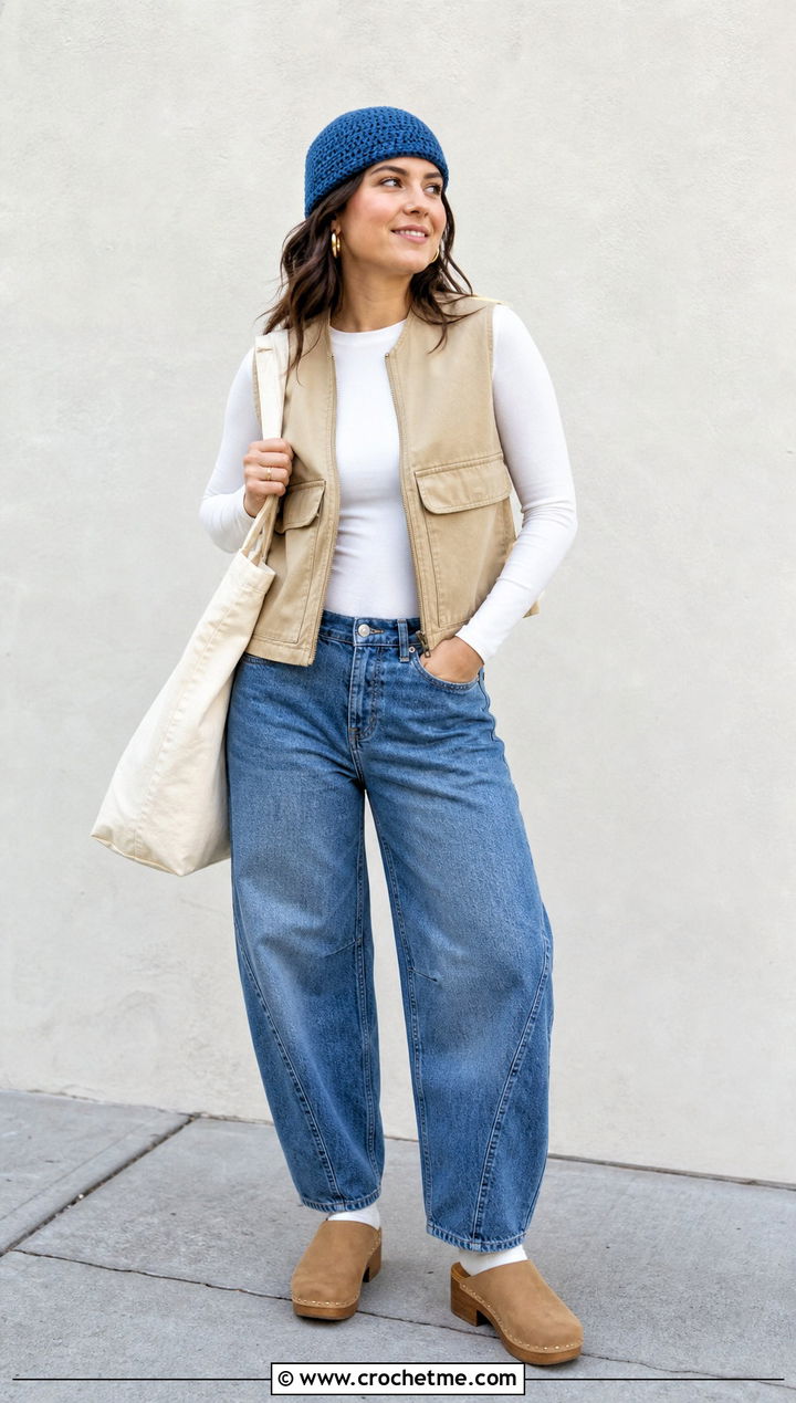 Flat Top Single Crochet Beanie With Utility Vest And Barrel Jeans - 35 single crochet beanie outfit ideas