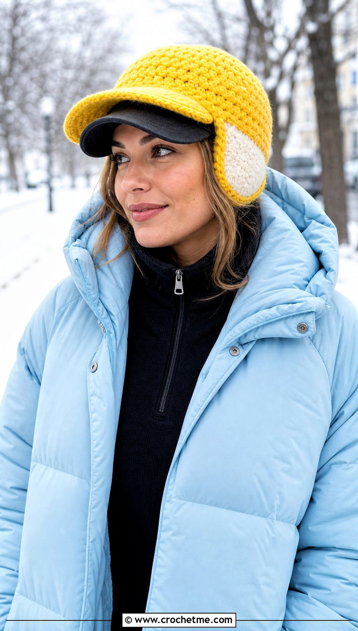 Fleece Lined Baseball Cap Ear Warmer With Long Puffer Coat - 20 crochet baseball cap ear warmer outfit ideas
