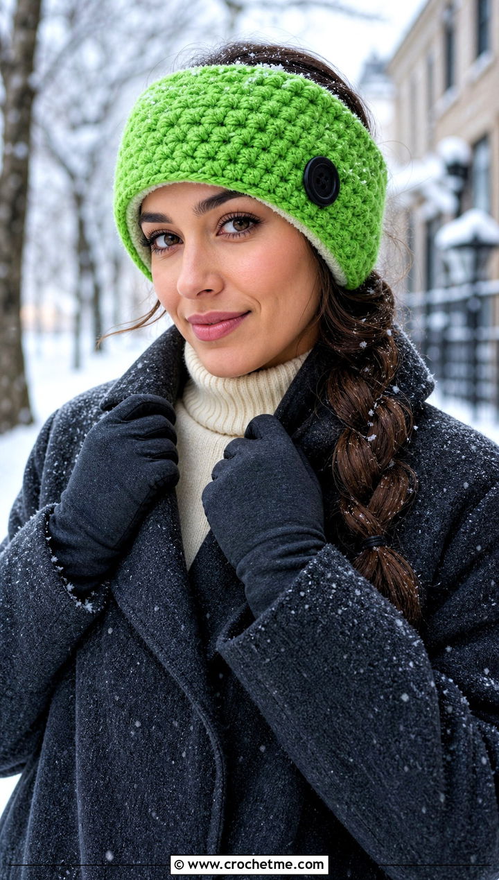 Fleece Lined Button Headband With Winter Coat - 15 Crochet Headband With Button outfit ideas