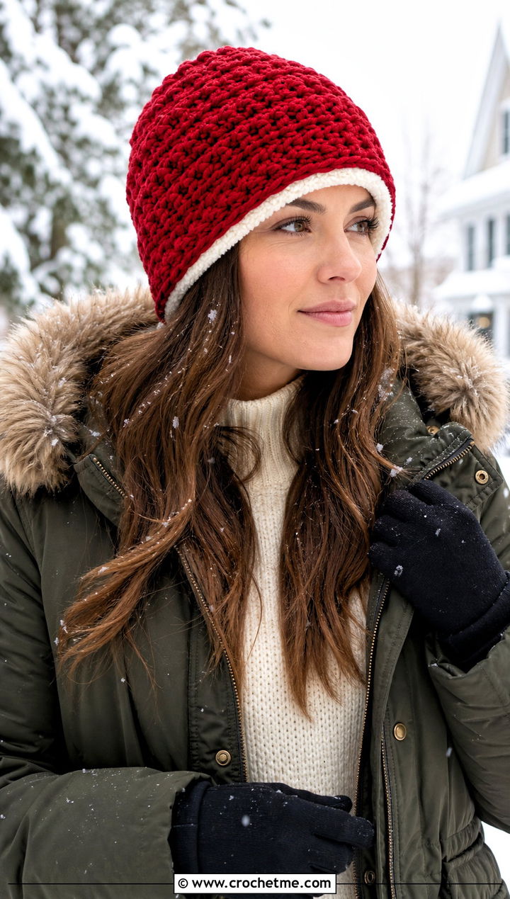 Fleece Lined Crochet Beanie With Parka - 20 Warm Crochet Hat outfit ideas