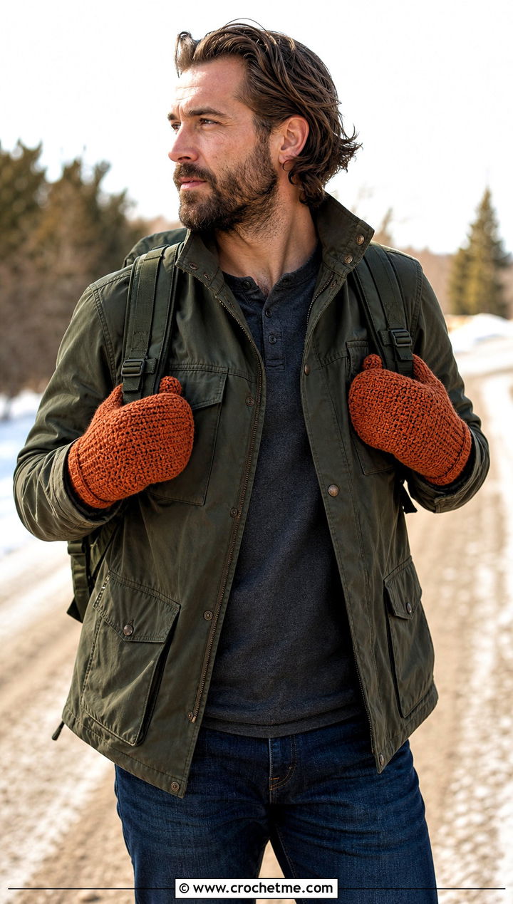 Fleece Lined Crochet Mittens With Field Jacket - 25 crochet mittens for men outfit ideas