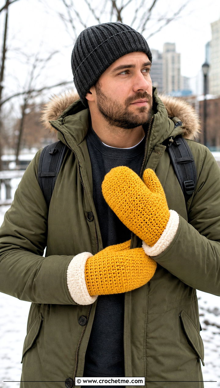 Fleece Lined Crochet Mittens With Parka - 25 Mens Crochet Mittens outfit ideas
