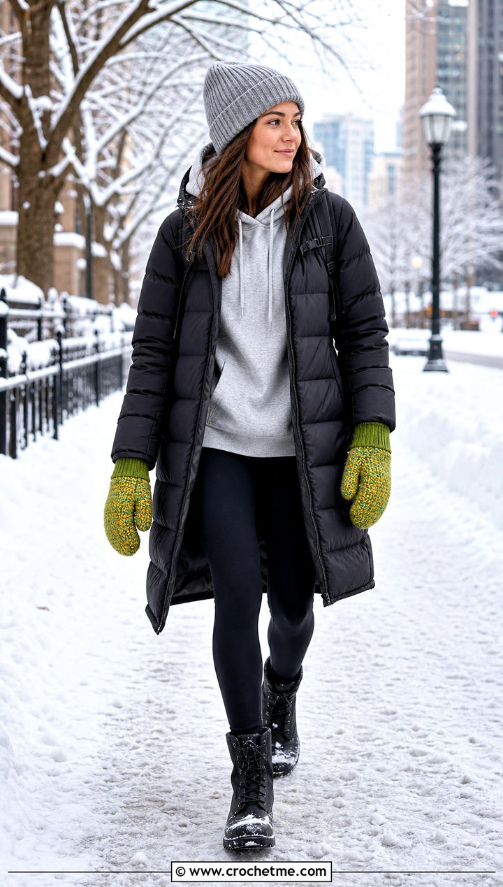 Fleece Lined Crochet Mittens With Puffer Coat - 35 easy crochet mittens outfit ideas