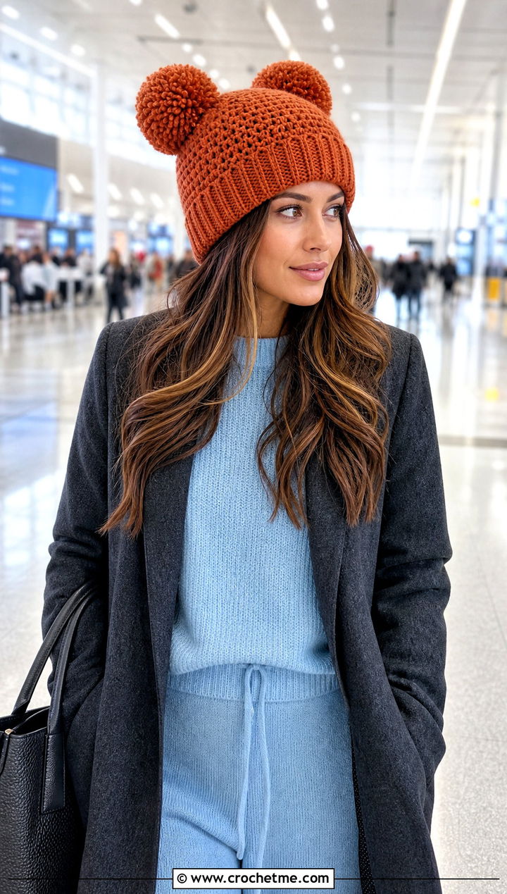 Fleece Lined Double Pom Pom Beanie With Sweater Set - 25 Crochet Double Pom Pom Hat outfit ideas