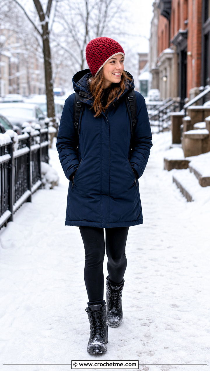 Fleece Lined Single Crochet Beanie With Parka And Snow Boots - 35 single crochet beanie outfit ideas