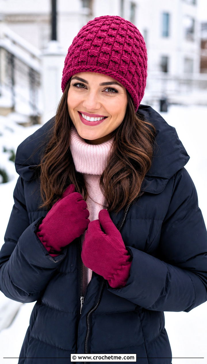 Fleece Lined Waffle Crochet Beanie With Long Puffer Coat - 20 waffle crochet beanie outfit ideas