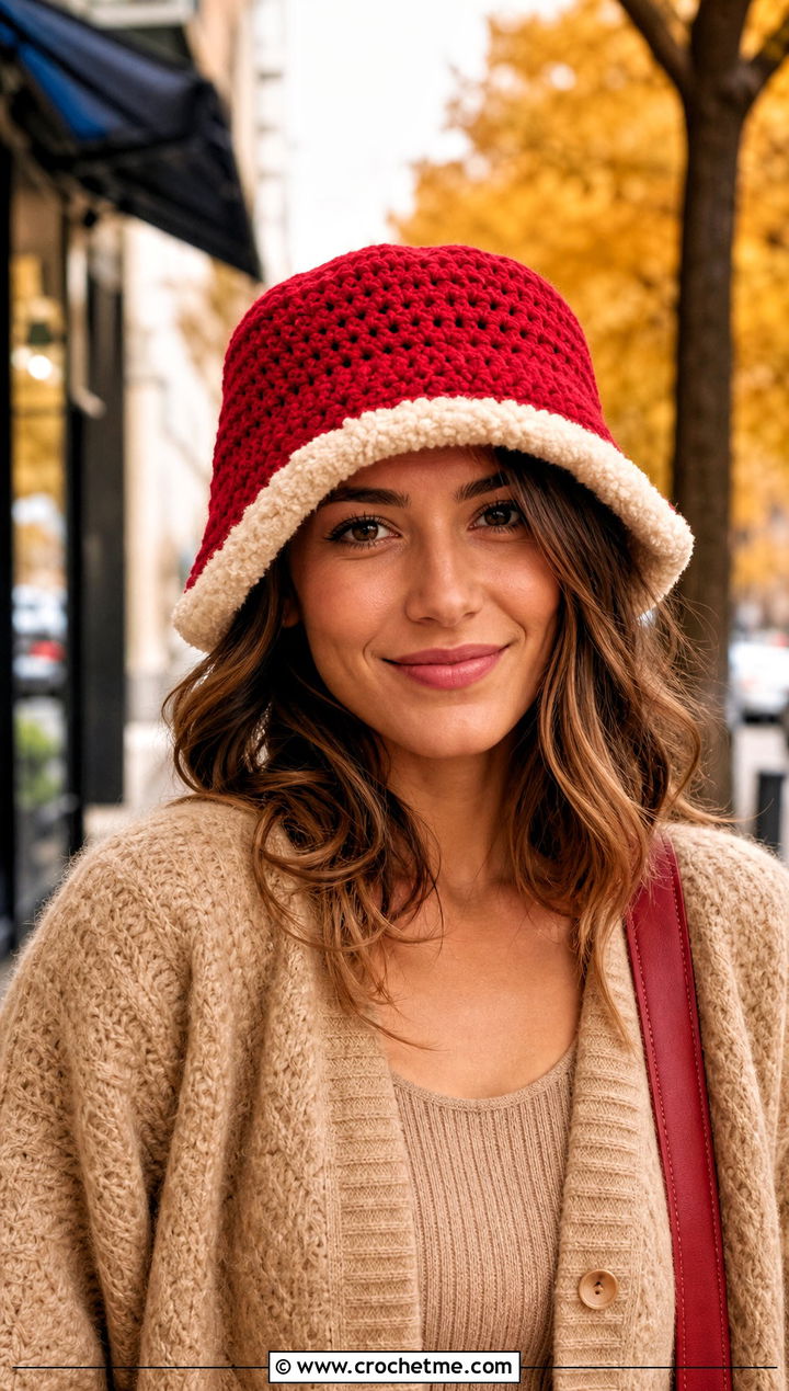Fleece Trim Crochet Bucket Hat With Sweater Set - 25 Easy Crochet Bucket Hats outfit ideas