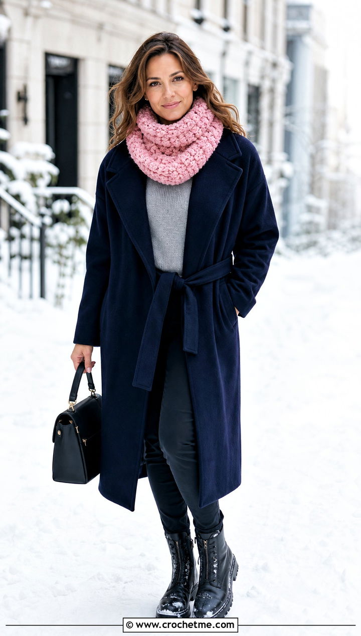 Fleecy Bulky Crochet Cowl With Wrap Coat - 20 Bulky Crochet Cowl outfit ideas