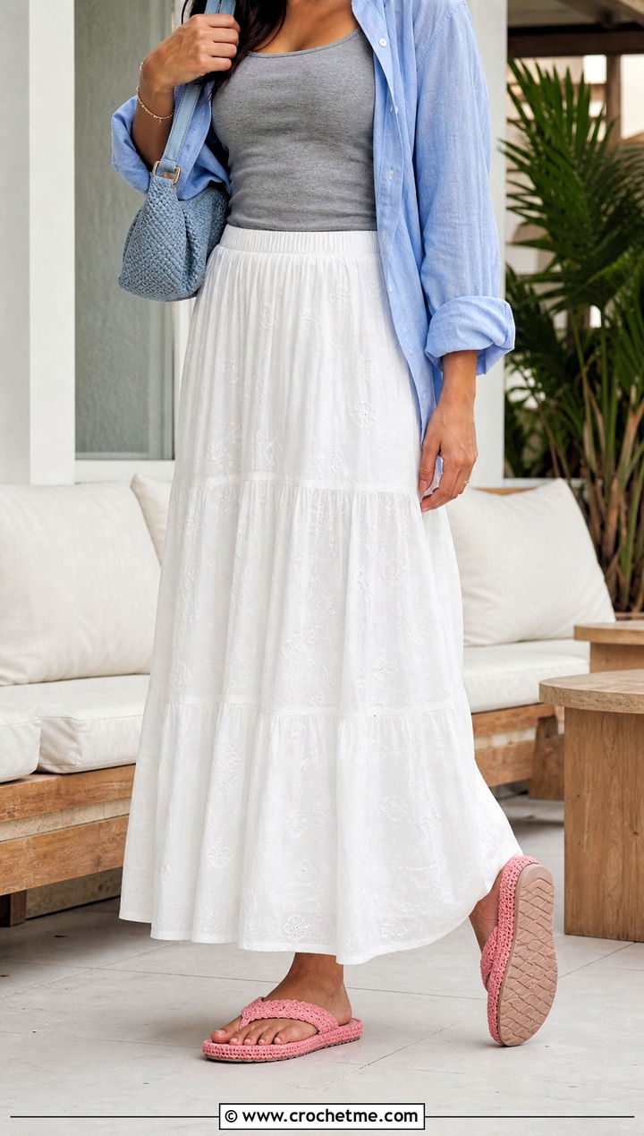 Flip Flop Sole Crochet Slippers With Maxi Skirt - 25 Quick Crochet Slippers outfit ideas