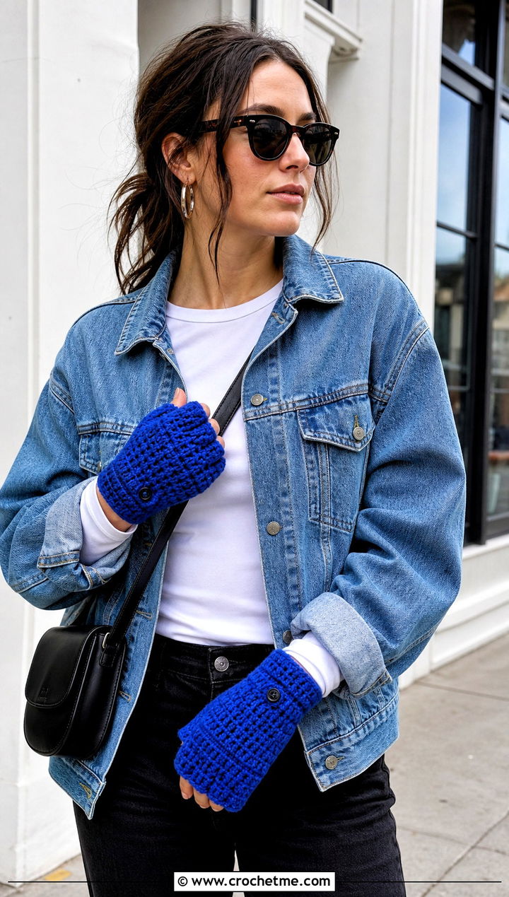 Flip Top Convertible Crochet Fingerless Mittens With Denim Jacket - 20 Convertible Crochet Fingerless Mittens outfit ideas