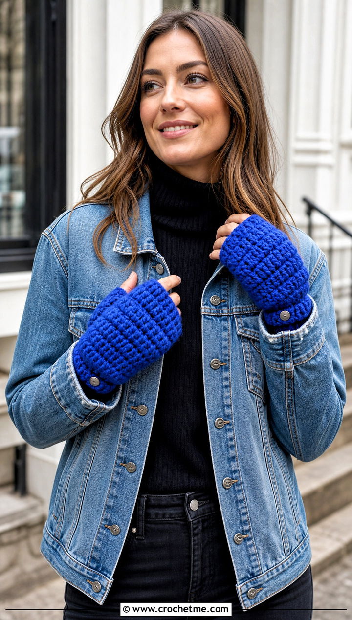 Flip Top Crochet Convertible Mittens With Denim Jacket - 25 Crochet Convertible Mittens outfit ideas