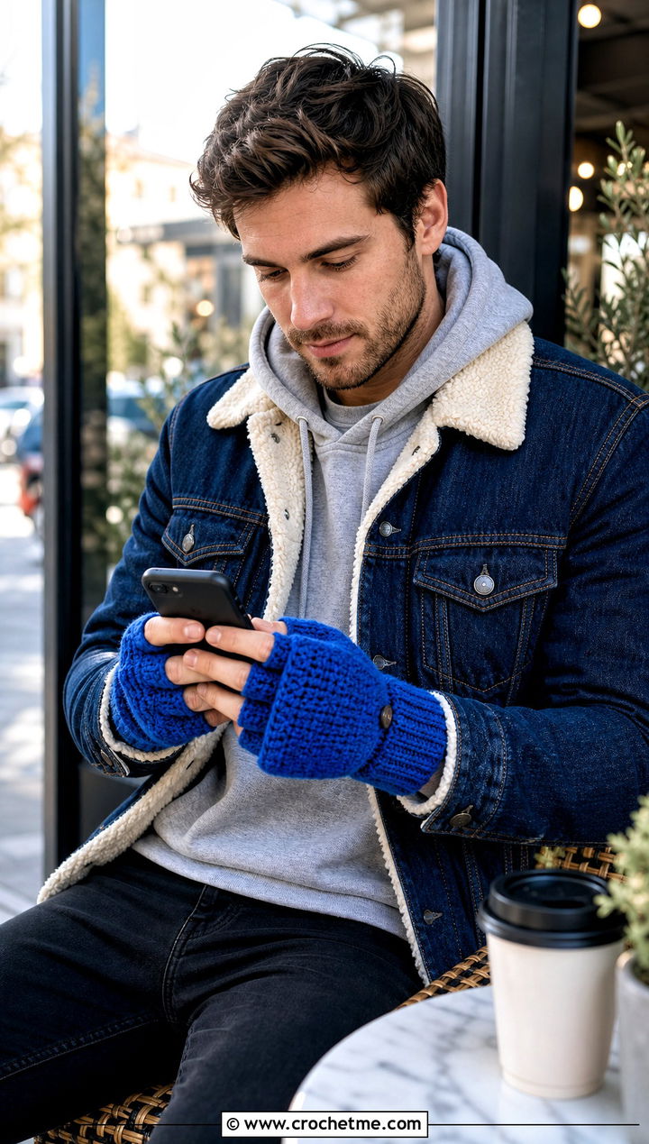 Flip Top Crochet Mittens With Denim Jacket - 25 Crochet Mens Mittens outfit ideas