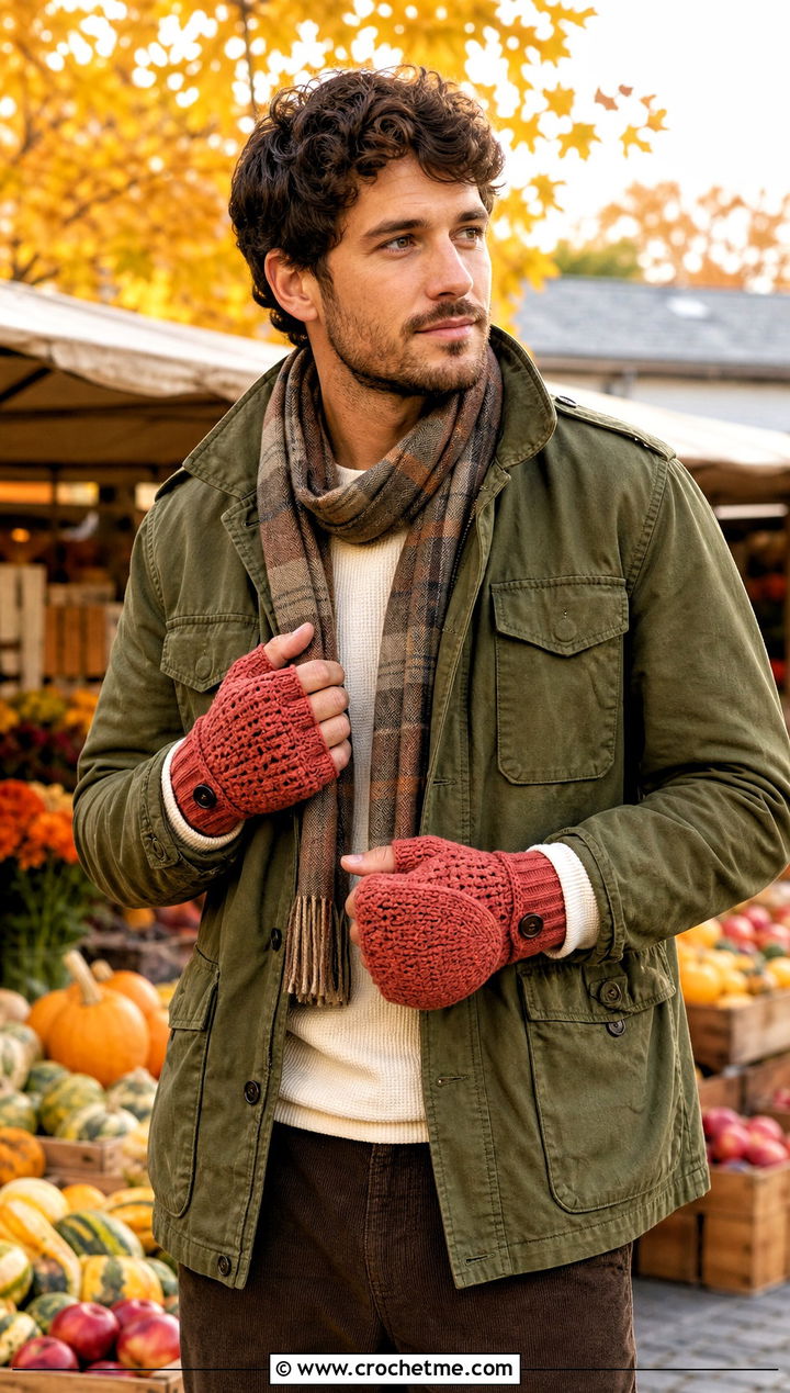 Flip Top Crochet Mittens With Field Jacket - 25 Crochet Mens Gloves outfit ideas