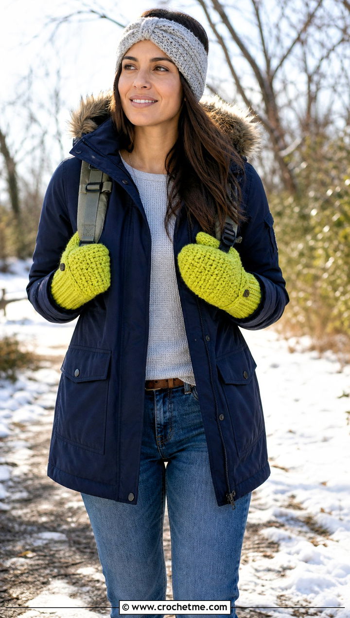 Flip Top Crochet Mittens With Parka And Jeans - 30 crochet hand mittens outfit ideas