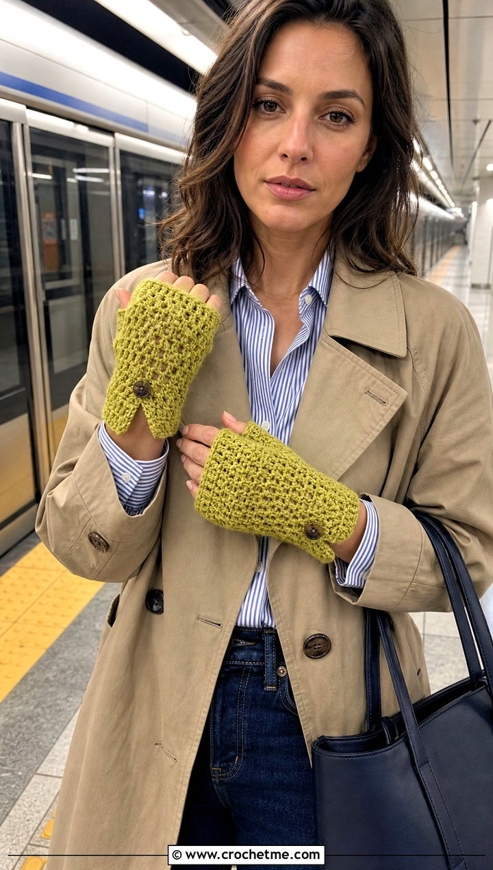 Flip Top Fingerless Crocheted Mittens With Trench Coat - 30 Crocheted Mittens outfit ideas