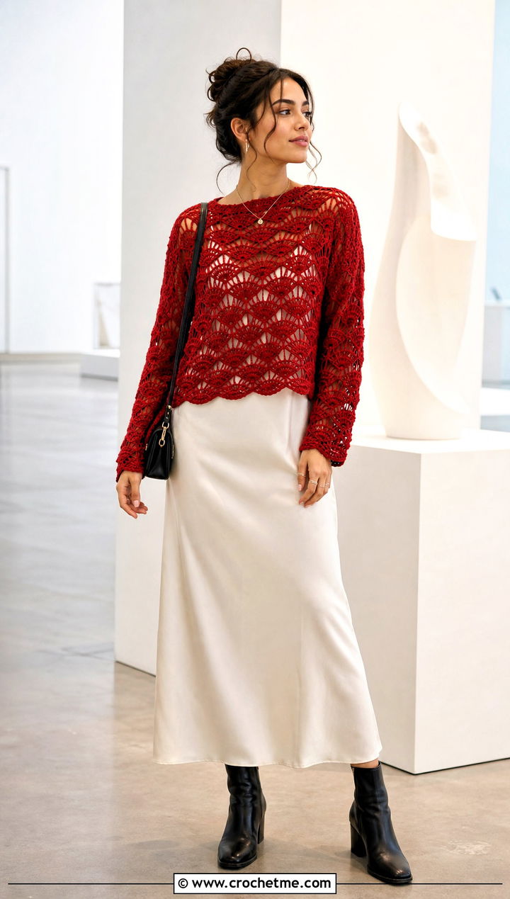Floating Shell Stitch Crochet Sweater With Slip Dress - 25 Shell Stitch Crochet Sweater outfit ideas