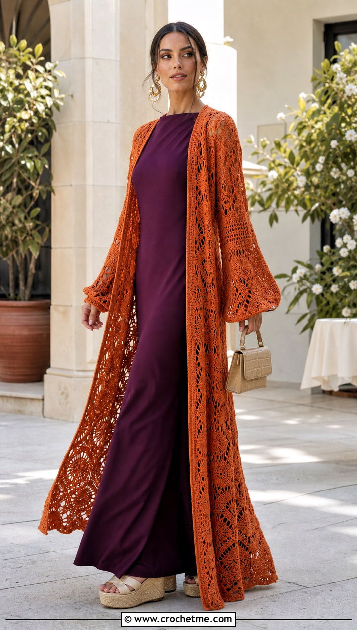 Floor Length Crochet Cardigan With Maxi Dress - 30 long crochet cardigan outfit ideas