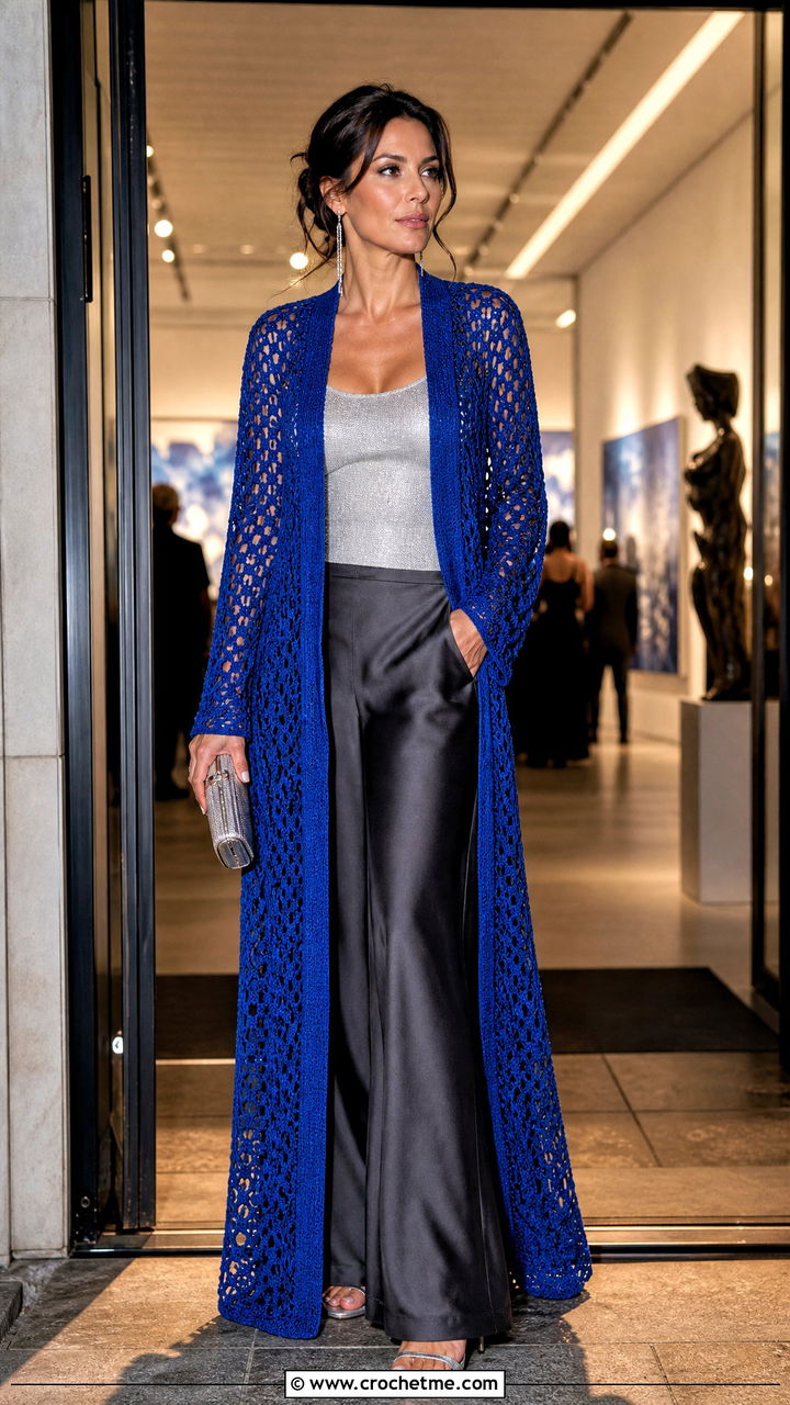Floor Length Crochet Cardigan With Satin Pants - 35 crochet long cardigan outfit ideas