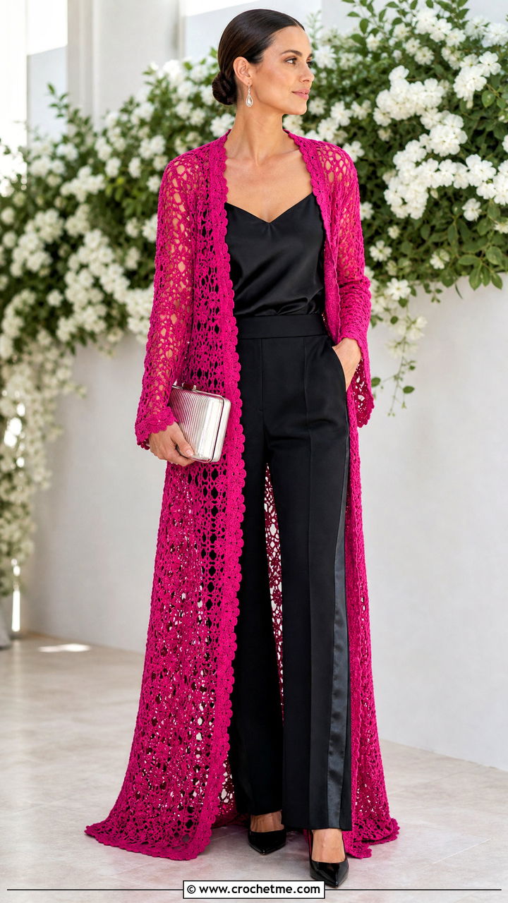Floor Length Crochet Duster Cardigan With Tuxedo Separates - 35 crochet duster cardigan outfit ideas