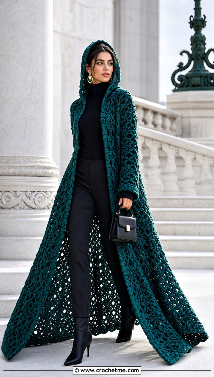 Floor Length Crochet Hooded Cloak With Turtleneck And Slim Pants - 35 crochet hooded cape outfit ideas