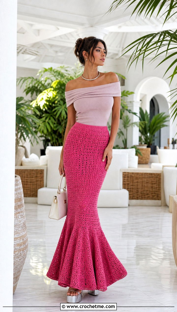 Floor Length Crochet Mermaid Skirt With Off Shoulder Knit Top - 35 crochet mermaid skirt outfit ideas
