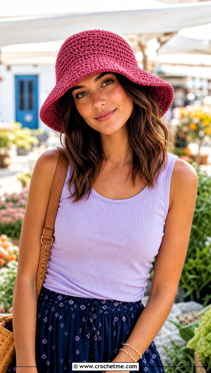 Floppy Brim Crochet Adult Bucket Hat With Maxi Skirt - 25 crochet adult bucket hat outfit ideas