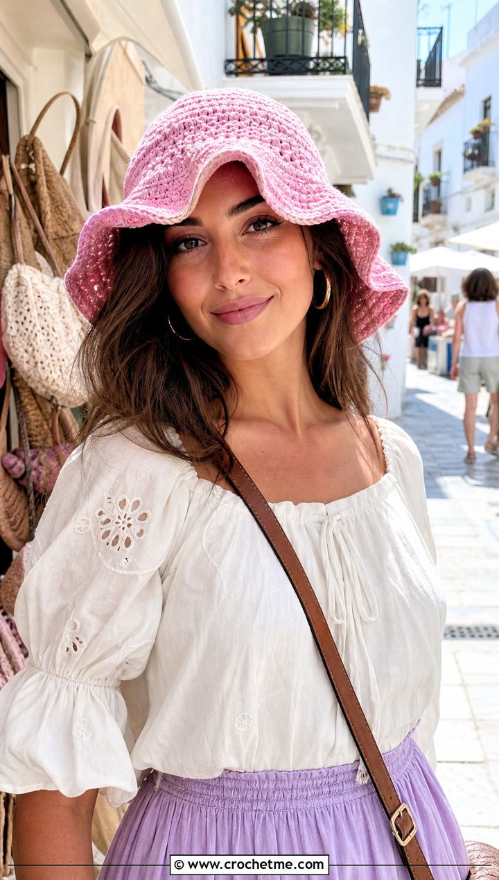 Floppy Brim Crochet Bucket Hat With Peasant Blouse And Tiered Skirt - 30 summer crochet bucket hat outfit ideas