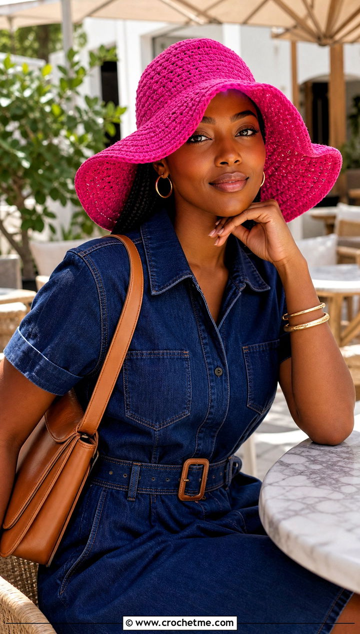 Floppy Brim Crochet Hat With Denim Dress - 30 crochet hats black women outfit ideas