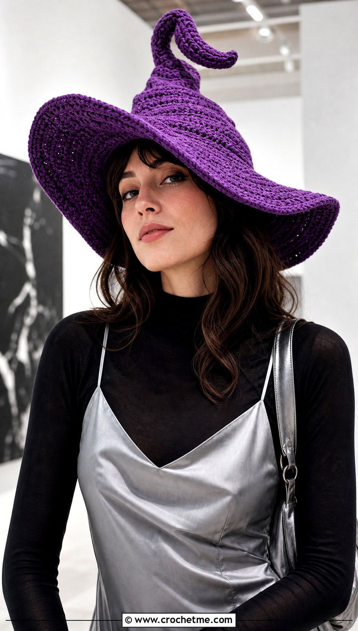 Floppy Brim Crochet Twisted Witch Hat With Slip Dress - 25 crochet twisted witch hat outfit ideas