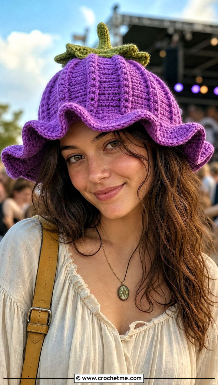 Floppy Brim Pumpkin Bucket Hat With Boho Separates - 30 crochet pumpkin bucket hat outfit ideas
